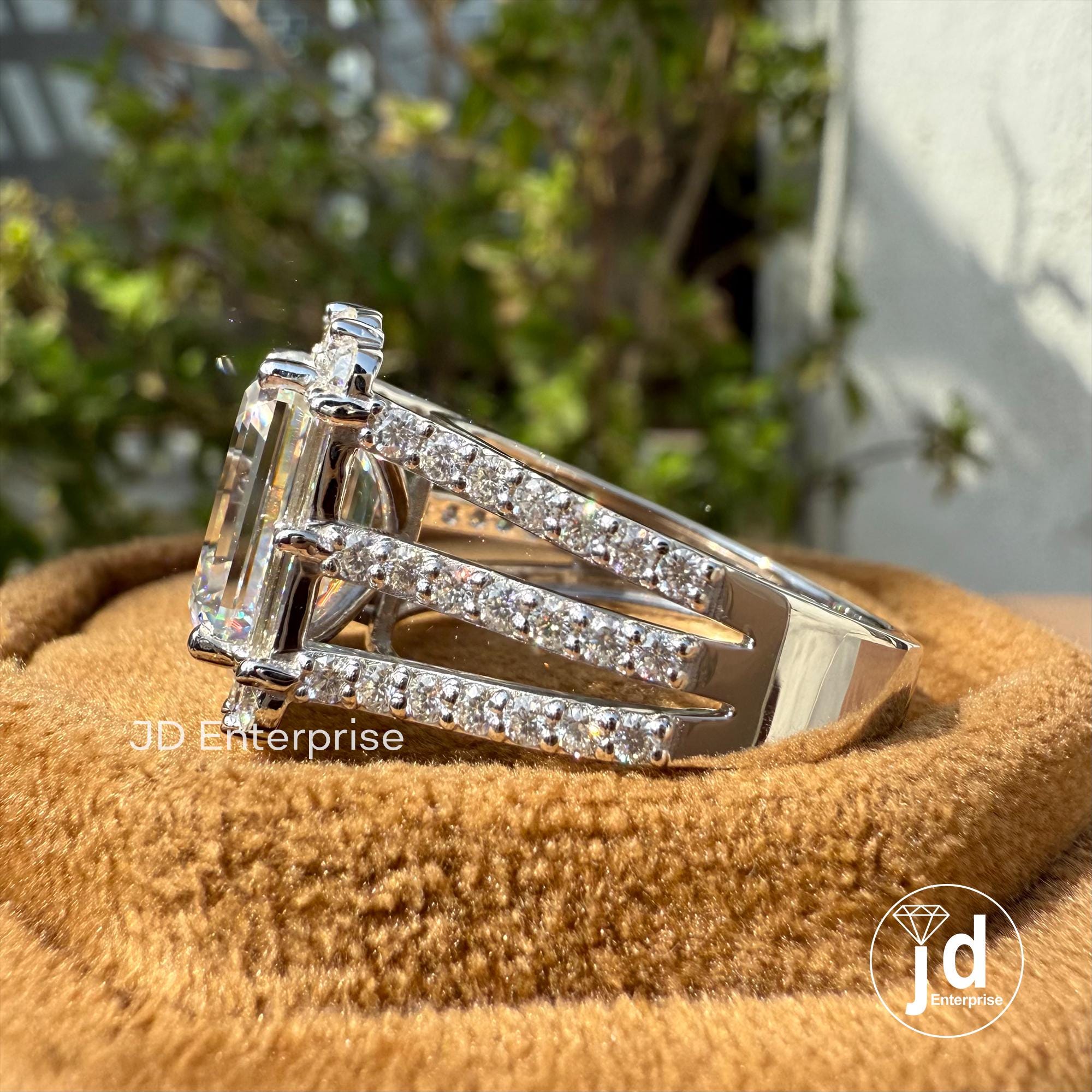 Big Emerald Cut 5.0 CT Colorless Moissanite Engagement Ring, Baguette & Round Halo Wedding Ring, Pave Split Shank Large Celebrity Style Ring