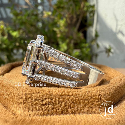Big Emerald Cut 5.0 CT Colorless Moissanite Engagement Ring, Baguette & Round Halo Wedding Ring, Pave Split Shank Large Celebrity Style Ring