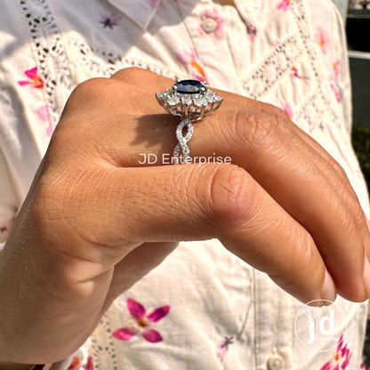 3.50 CTW Round Cut Dark Blue Moissanite Engagement Ring, Vintage Halo Anniversary Ring, Twisted Pave Wedding Ring, Crossover Rings for Women