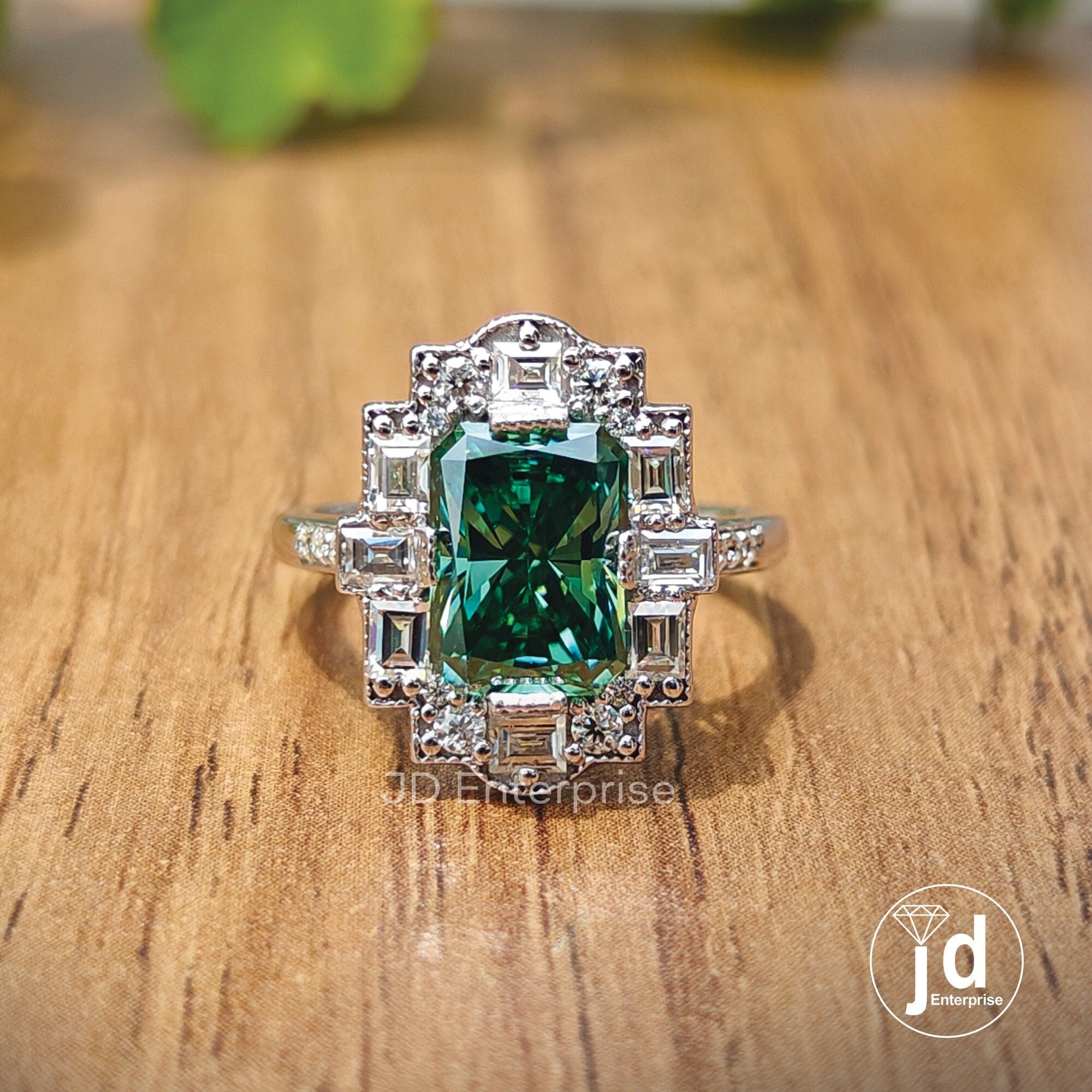 Vintage 2.0 CT Radiant Cut Green Moissanite Engagement Ring, Halo Wedding Ring, Milgrain Ring, Art Deco Ring, Anniversary Ring, Promise Ring