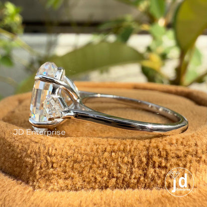 4.00 CT Oval Step Cut Moissanite Engagement Ring, Three Stone Wedding Ring, Shield Cut Moissanite, Trilogy Ring, Cocktail Ring for Women