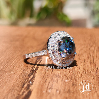 2.50CT Grey Round Cut Moissanite Engagement Ring, Pave Set Wedding Ring, Double Halo Bridal Ring, Art Deco Ring for Women, Anniversary Ring