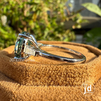 7.50 CT Portuguese Cyan Blue Moissanite Engagement Ring, Three Stone Wedding Ring, Side Tapered Baguette Moissanite, Anniversary Gifts