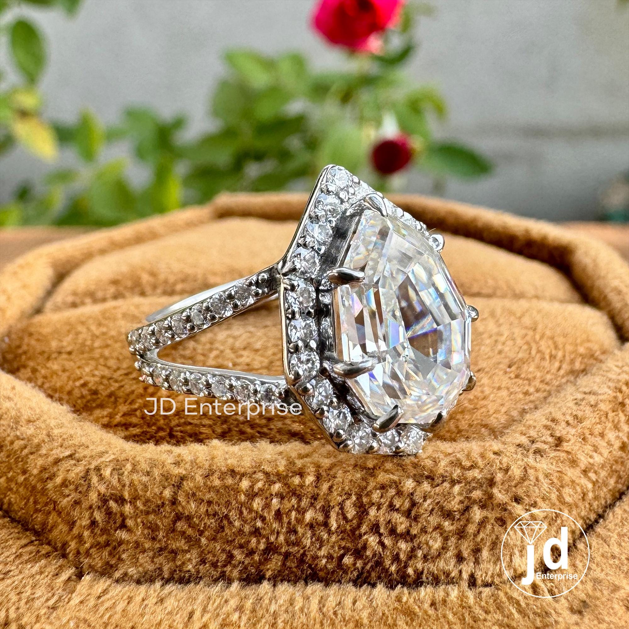 3.50 TCW Colorless Step Cut Pear Moissanite Engagement Ring, Round Halo Wedding Ring, Pave Set Split Shank Anniversary Ring, Bridal Ring Set