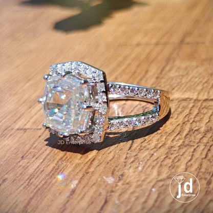 Antique 4.00 CT Colorless Cushion Step Cut Moissanite Engagement Ring, Halo Ring, Wedding Ring, Split Pave Bridal Ring, Anniversary Ring