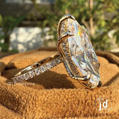 7.94 CT Large Marquise Moissanite Engagement Ring, Big Marquise Solitaire, Celebrity Style Marquise Ring, Chunky Hidden Halo Wedding Ring