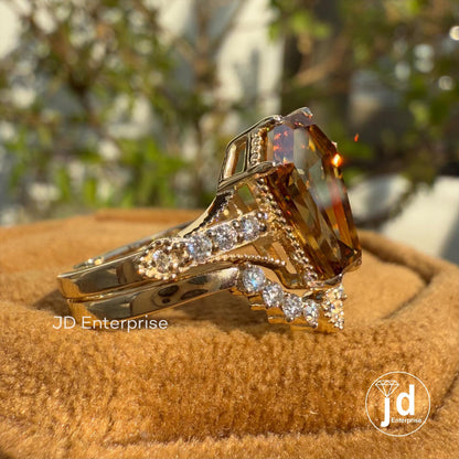 3.11 TCW Coffin Cut Brownish Champagne Moissanite Engagement Ring with Chevron Wedding Band, Art Deco Bridal Set, Milgrain Anniversary Ring