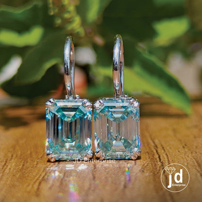 4.72 TCW Cyan Blue Emerald Cut Moissanite Engagement Earrings, Moissanite Wedding Earrings, Dangle Drop Bridal Earrings, Proposal Earrings