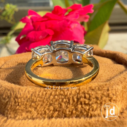 Three Stone Cushion Cut Moissanite Engagement Ring, Two-Tone Trilogy Ring, Square Cushion Wedding Ring, Anniversary Gifts Ring, Bridal Ring