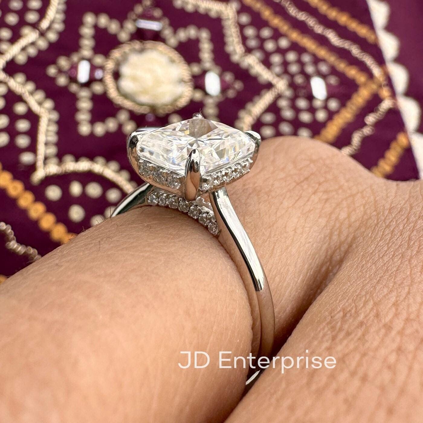 2.50 TCW Radiant Cut Engagement Ring, Hidden Halo Engagement Ring, Solitaire Wedding Ring, Invisible Halo & Bridge Accent Ring, Propose Ring