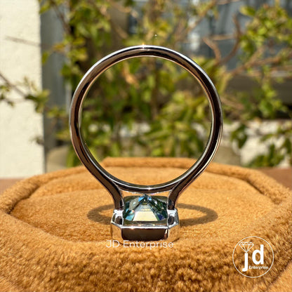 Emerald Cut Moissanite Proposal Ring, 2.50 CT Blue Green Moissanite Anniversary Ring, Solitaire Bridal Ring, Bezel Set Wedding Ring