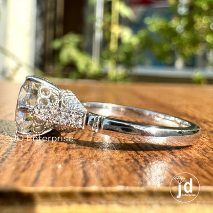 2.00 CT Round Brillant Cut Colorless Moissanite Ring, Vintage Pave Bridge Art Deco Moissanite Engagement Ring, Unique Wedding Ring for Women
