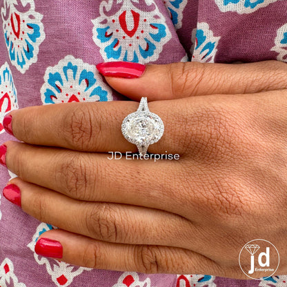 Antique Portuguese Oval Cut Moissanite Engagement Ring, Pave Split Shank Wedding Ring, Halo Ring, Bride Ring, Anniversary Ring, Promise Ring