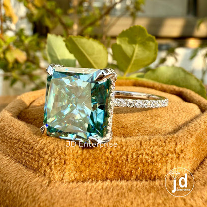 11.88 TCW Large Radiant Cut Cyan Blue Moissanite Engagement Ring, Hidden Halo Wedding Ring, Anniversary Ring, Celebrity Style Bridal Ring