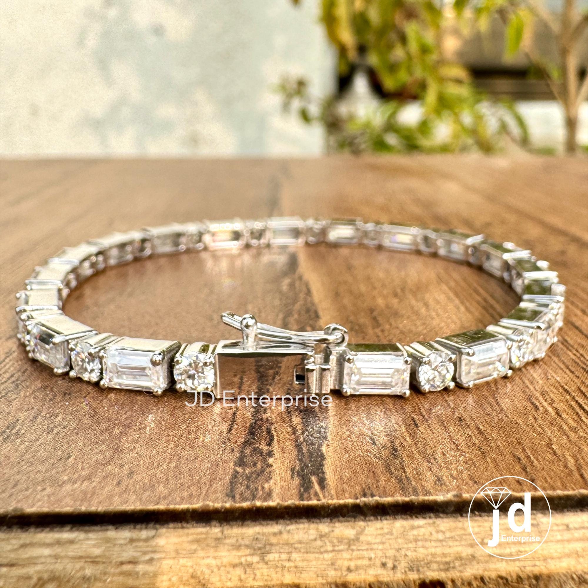Moissanite Tennis Bracelet, East to West Set Emerald & Round Cut Wedding Bracelet, Box Lock Set, Engagement Bracelet for Women, Bridal Set