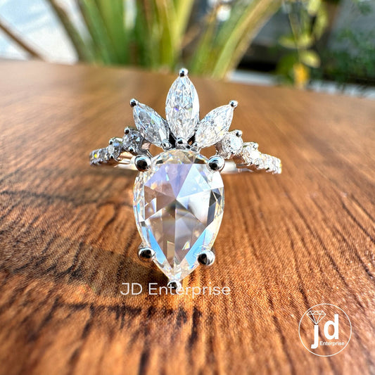 1.50 CT Colorless Rose Cut Pear Moissanite Vintage Ring, With Marquise Cut Curved Band, Solitaire Pear Wedding Ring, Solid Gold Bridal Ring