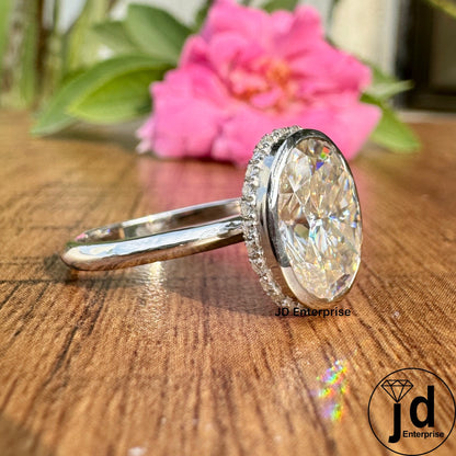4.00 CT Near Colorless Oval Moissanite Engagement Ring, Bezel Set Solitaire Wedding Ring, Oval Hidden Halo Anniversary Gift Ring for Women