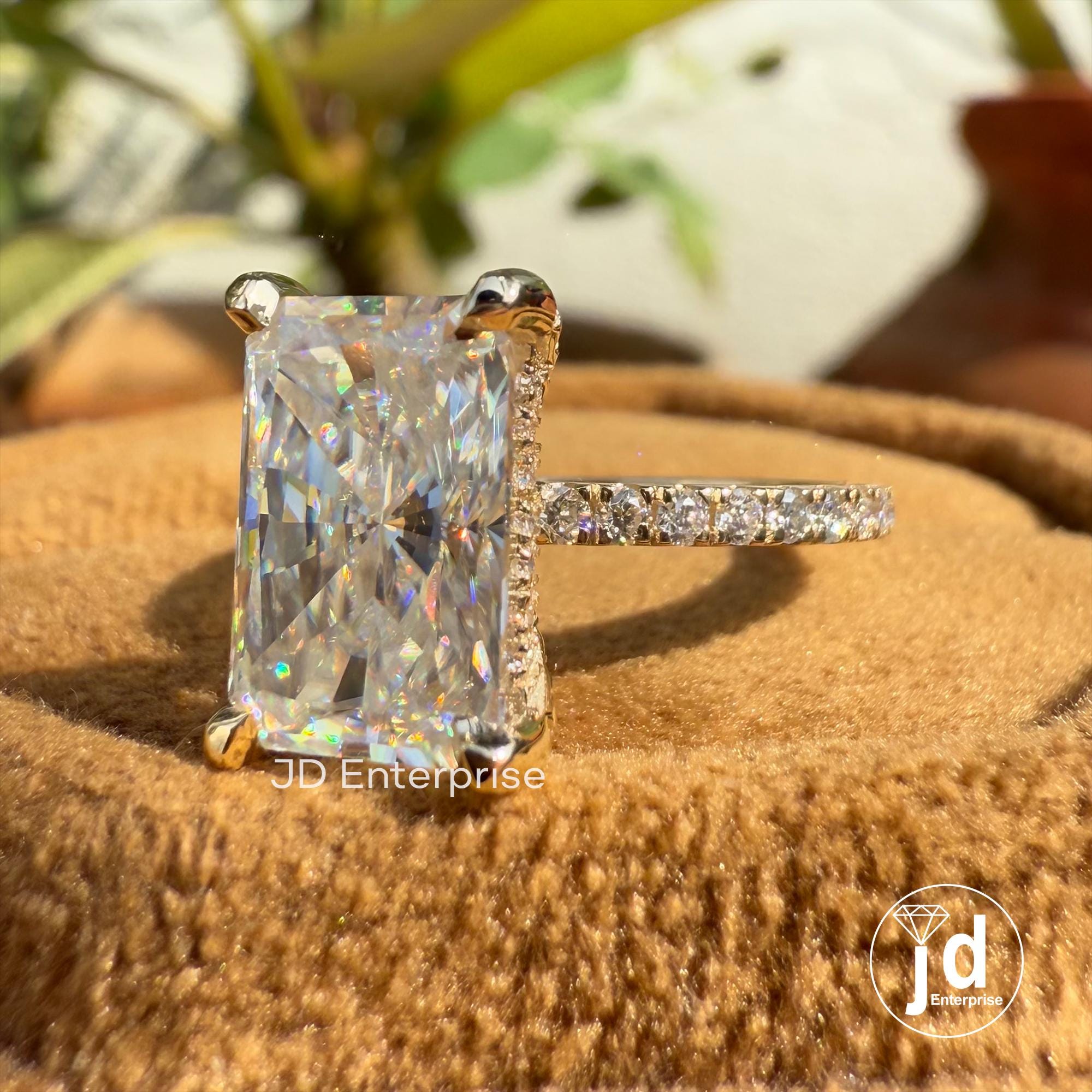 Elongated Radiant Cut Moissanite Hidden Halo Engagement Ring, Pave Wedding Ring for Her, Anniversary Gifts for Women, Accent Bridal Ring