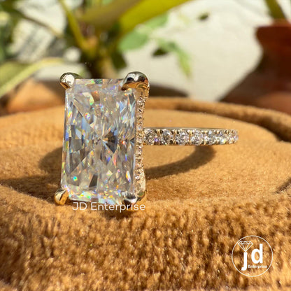 Elongated Radiant Cut Moissanite Hidden Halo Engagement Ring, Pave Wedding Ring for Her, Anniversary Gifts for Women, Accent Bridal Ring