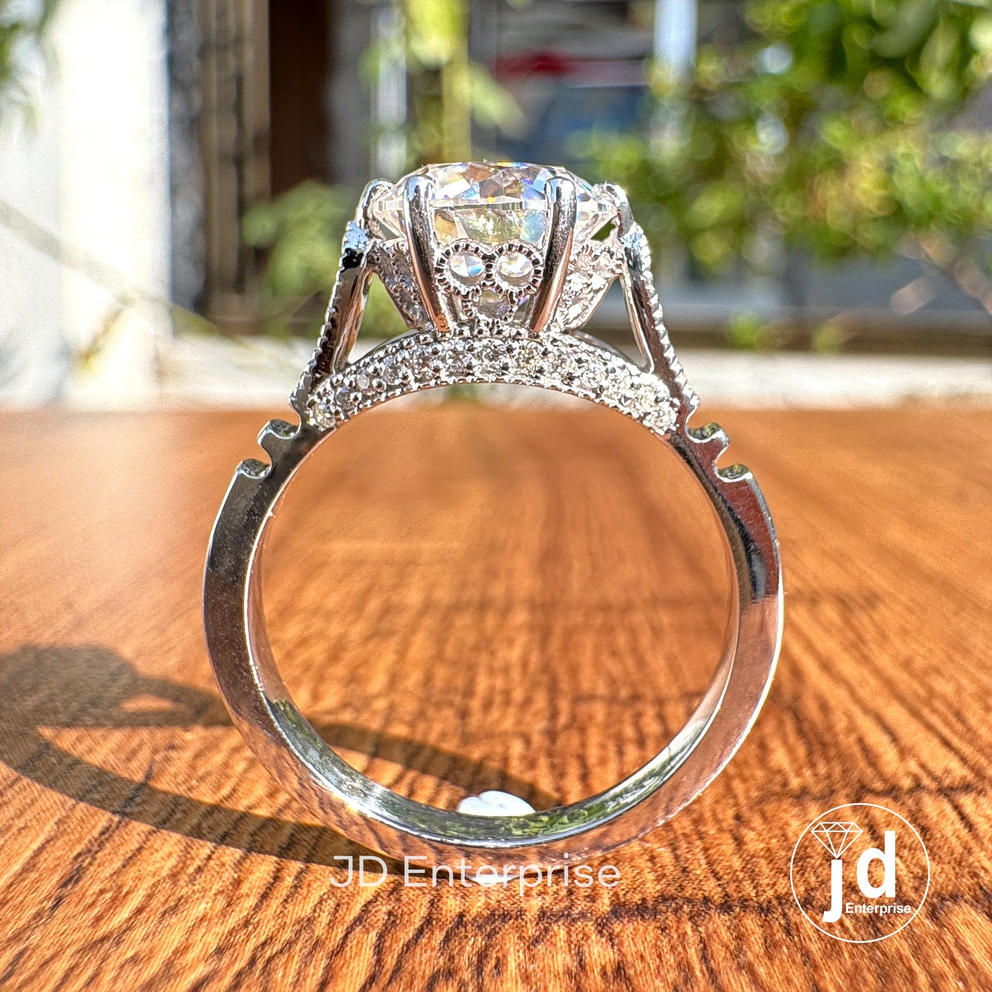 2.00 CT Round Brillant Cut Colorless Moissanite Ring, Vintage Pave Bridge Art Deco Moissanite Engagement Ring, Unique Wedding Ring for Women