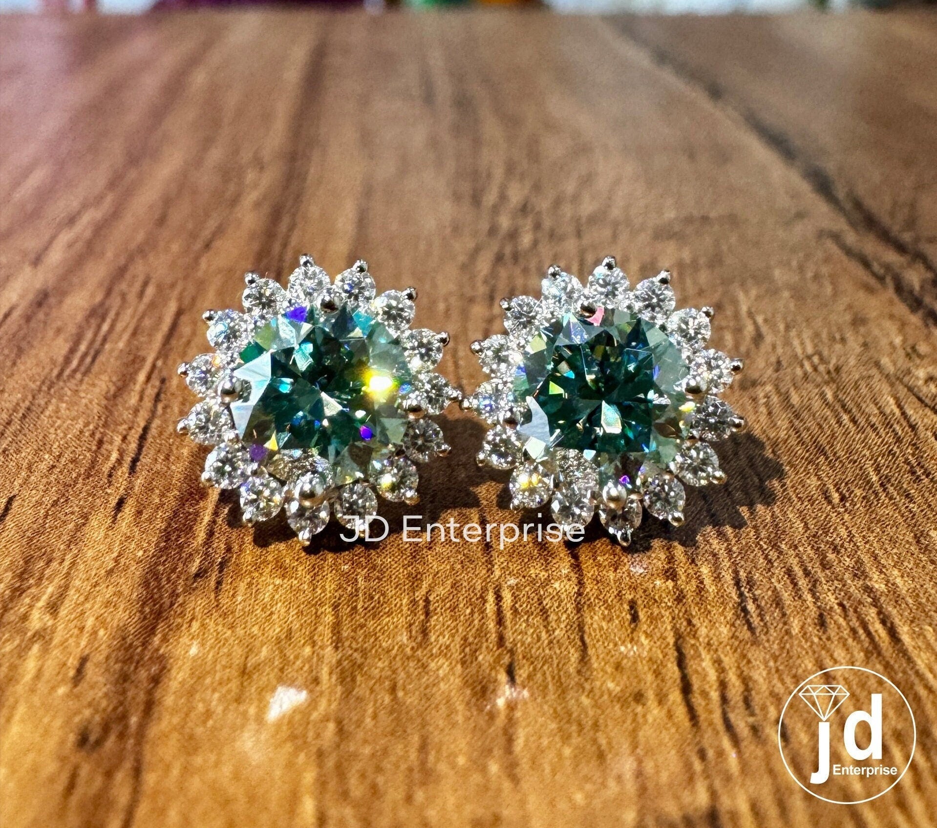 Blue Green Moissanite Diamond Earrings - Cluster Flower Studs for Women, Handmade Jewelry Halo Collection, Gift for Women, Everyday Earrings