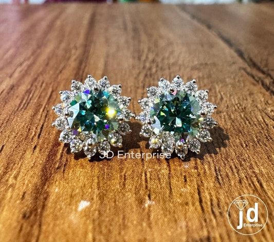 Blue Green Moissanite Diamond Earrings - Cluster Flower Studs for Women, Handmade Jewelry Halo Collection, Gift for Women, Everyday Earrings