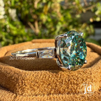 7.50 CT Portuguese Cyan Blue Moissanite Engagement Ring, Three Stone Wedding Ring, Side Tapered Baguette Moissanite, Anniversary Gifts