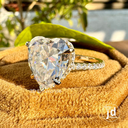 8.00 TCW Colorless Heart Shape Moissanite Engagement Ring, Celebrity Style Wedding Ring, Hidden Halo Bridal Ring, 3/4 Pave Set Accent Ring