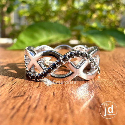 Infinity Twisted Shank Wedding Band, Designer Cross Over Band, Round Cut Black Moissanite Band, Engagement Ring, Anniversary Gift for Her