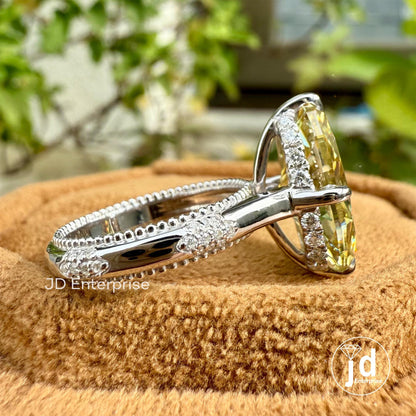 Canary Yellow Moissanite Engagement Ring, 4.00 CT Antique Elongated Oval Wedding Ring, Hidden Halo Milgrain Ring, Anniversary Gift Ring