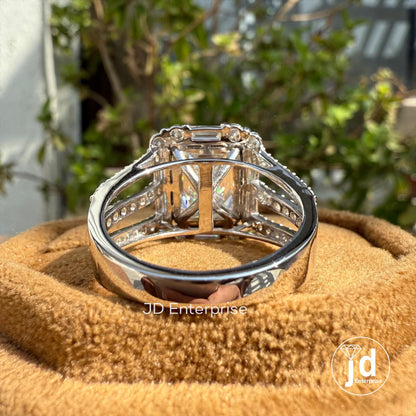Big Emerald Cut 5.0 CT Colorless Moissanite Engagement Ring, Baguette & Round Halo Wedding Ring, Pave Split Shank Large Celebrity Style Ring