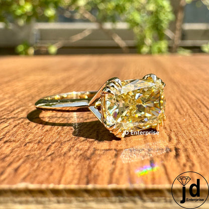 Canary Yellow Moissanite Engagement Ring, 2.50 CT Cushion Cut Solitaire Wedding Ring, Triple Claw Prong, Knife Edge Shank, Ring for women