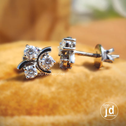 Floral Stud Earrings in Three Stone Design, 3.0 MM Round Cut Colorless Moissanite Stud Earrings, Birthday/Anniversary Statement Gift for Her