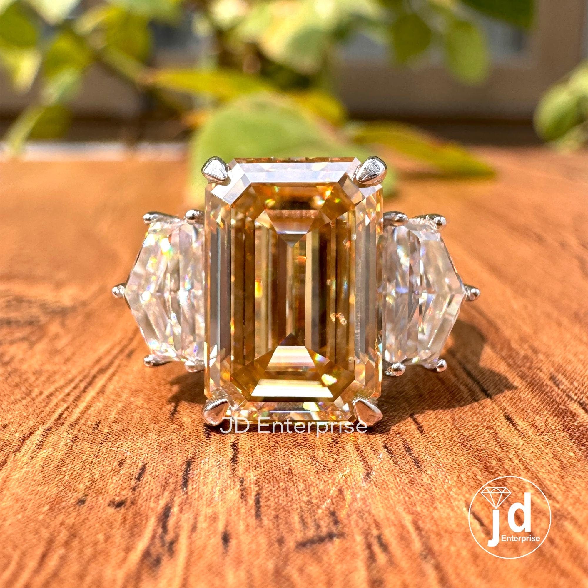 6.56 TCW Brownish Yellow Emerald Cut Moissanite Engagement Ring, Three Stone Wedding Ring, Side Stone Shield Cut Anniversary Gift