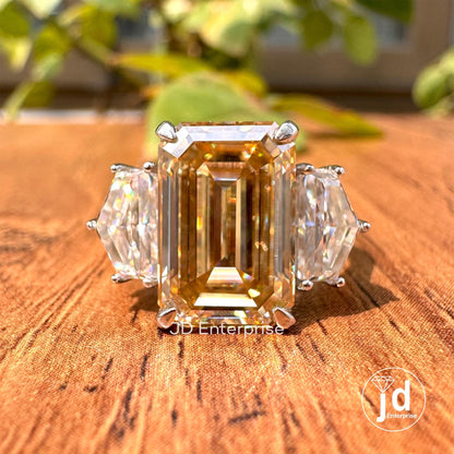 6.56 TCW Brownish Yellow Emerald Cut Moissanite Engagement Ring, Three Stone Wedding Ring, Side Stone Shield Cut Anniversary Gift