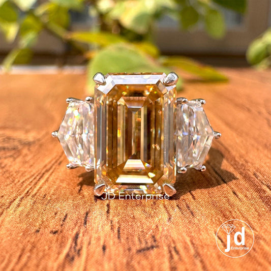 6.56 TCW Brownish Yellow Emerald Cut Moissanite Engagement Ring, Three Stone Wedding Ring, Side Stone Shield Cut Anniversary Gift
