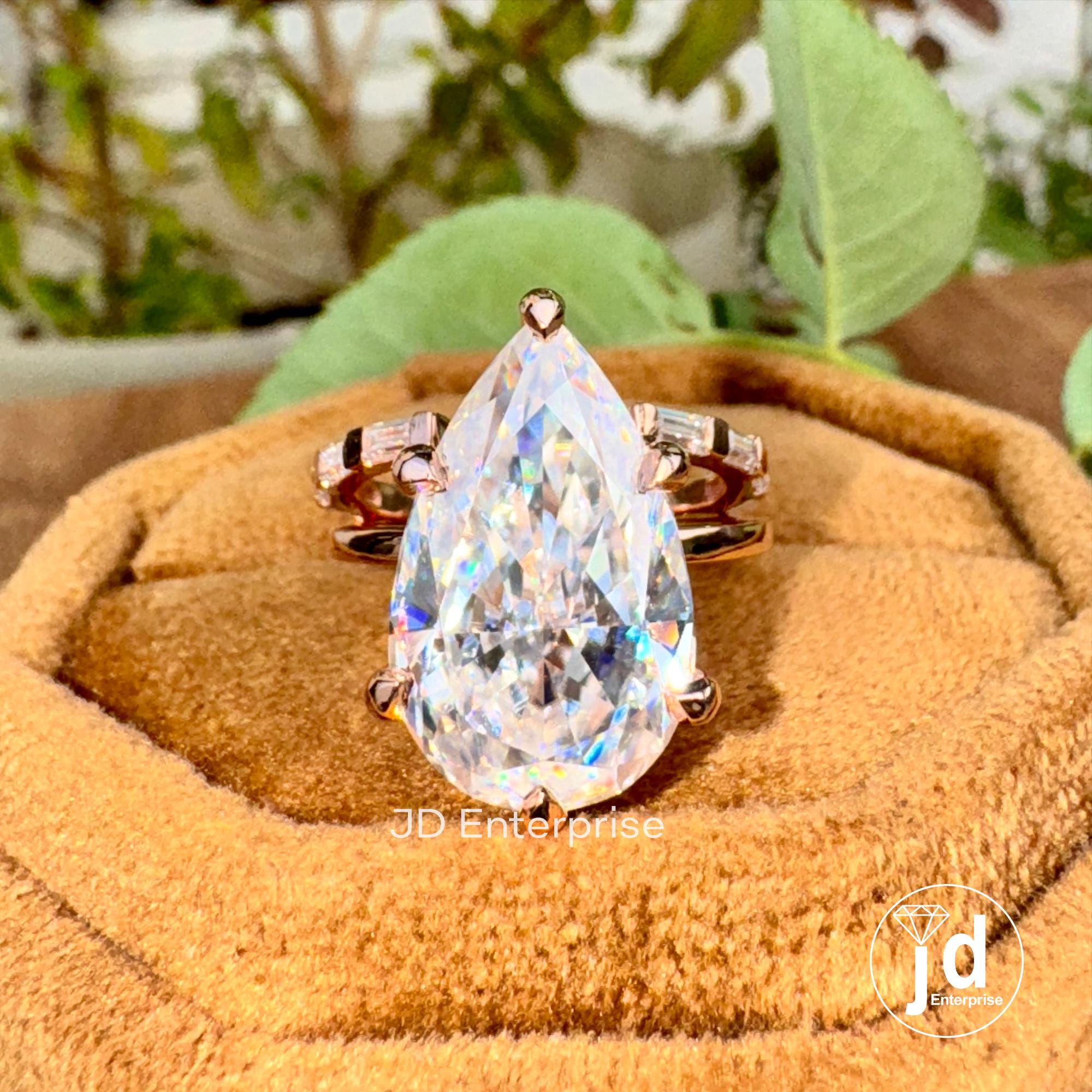 9.00TW Big Pear Cut Moissanite Engagement Ring, Solitaire Teardrop Wedding Ring Set, Celebrity Style Bridal Ring Set, Open Gap Baguette Band