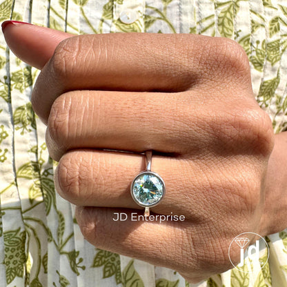 1.30CT Round Cut Aqua Blue Moissanite Engagement Ring, Bezel Set Wedding Ring, Comfort Fit Anniversary Gift Ring, Solitaire Moissanite Ring