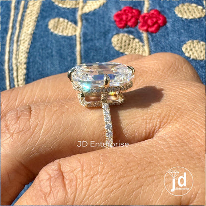 9.00 TCW Old Mine Emerald Cut Moissanite Engagement Ring, Hidden Halo Wedding Ring, Large Solitaire Celebrity Style Bridal Ring, Donut Pave