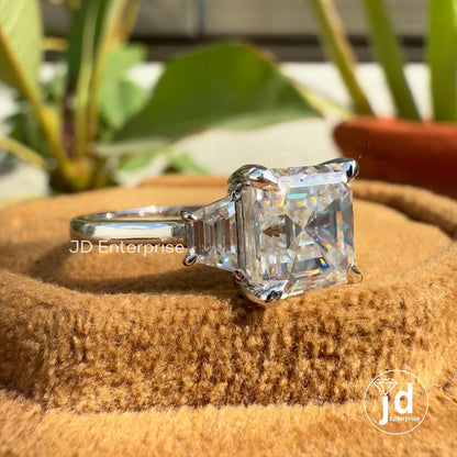 3.00 CT Asscher Cut Colorless Moissanite Engagement Ring, Perfect Anniversary Gift, Side Trapezoid Moissanite Wedding Ring, Bridal Set Ring