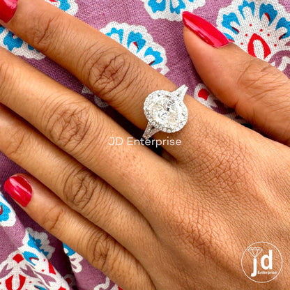 Antique Portuguese Oval Cut Moissanite Engagement Ring, Pave Split Shank Wedding Ring, Halo Ring, Bride Ring, Anniversary Ring, Promise Ring