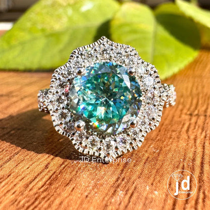 Cyan Blue Portuguese Cut Moissanite Ring, White Gold Halo Engagement Ring, Round Pave Set, Milgrain Wedding Ring, Anniversary Ring