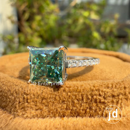 2.00 CT Bluegreen Princess Cut Moissanite Pave Engagement Ring, Wedding Ring, Claw Prongs, Anniversary Gift, Bridal Ring, Proposal Ring