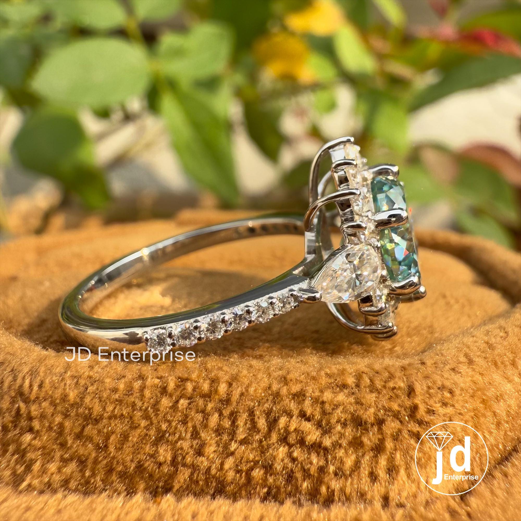 Sunburst Halo Engagement Ring, 2.00 CT Portuguese Cut Cyan Blue Moissanite Wedding Ring, Pave Set Ring, Anniversary Gift Ring, Promise Ring