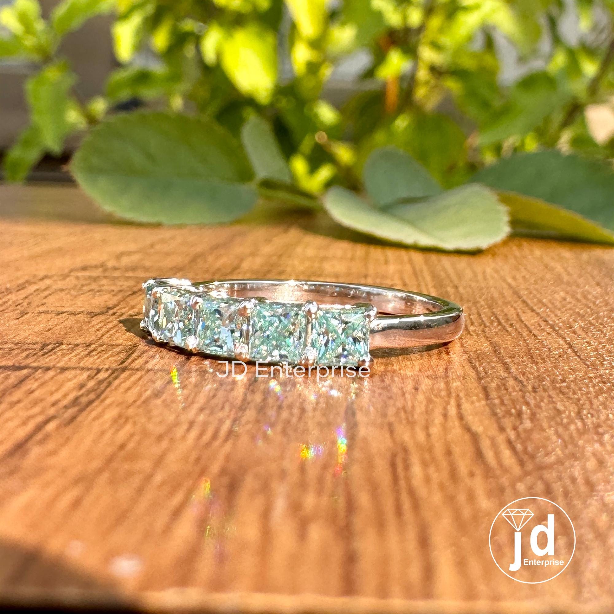 3.00 MM Princess Cut Cyan Blue Moissanite Five Stone Band, Matching Wedding Band, Comfort Fit Stackable Band, Shared Prong Anniversary Gift