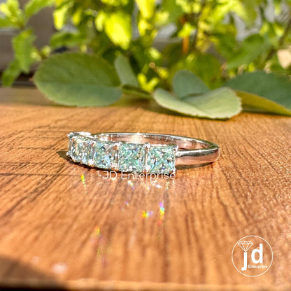 3.00 MM Princess Cut Cyan Blue Moissanite Five Stone Band, Matching Wedding Band, Comfort Fit Stackable Band, Shared Prong Anniversary Gift