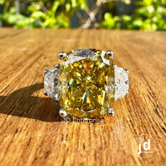 9.30 TW Cushion Cut Canary Yellow Moissanite Ring, Three Stone Engagement Ring, Side Half Moon Cut, Wedding Ring, Elongated Cushion Cut