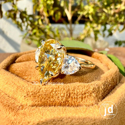 7.80 TCW Pear Cut Canary Yellow Moissanite Engagement Ring, Three Stone Wedding Ring with Heart Accents, 10k/14k/18k Yellow Gold Bridal Ring
