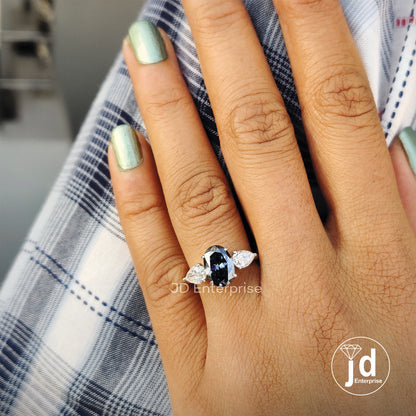 1.70 CT Dark Grey Oval Cut Moissanite Engagement Ring, Three Stone Wedding Ring, Crystal & Clear Pear Stone, Anniversary Gifts, Bridal Ring