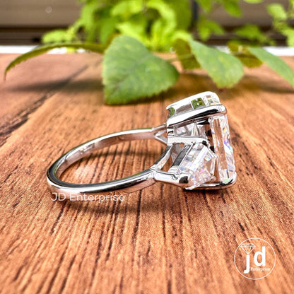 Three Stone Radiant Cut Engagement Ring, 5.65 TW Large Radiant Moissanite Ring, Celebrity Style, Crushed Ice Moissanite, Luxury Wedding Ring